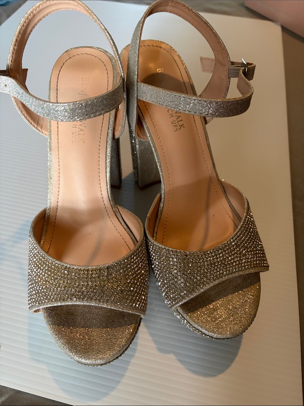Benjamin Walk Glittery Silver Block Platform 4” Heel Sandals